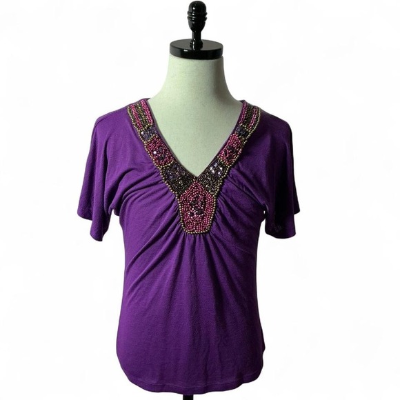 Rue21 Y2K Purple Beaded Embellished V-Neck Short Sleeve Top - Picture 1 of 4